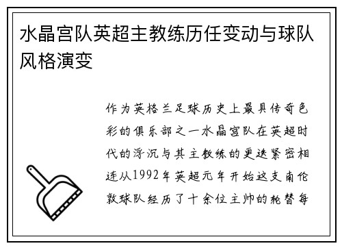 水晶宫队英超主教练历任变动与球队风格演变
